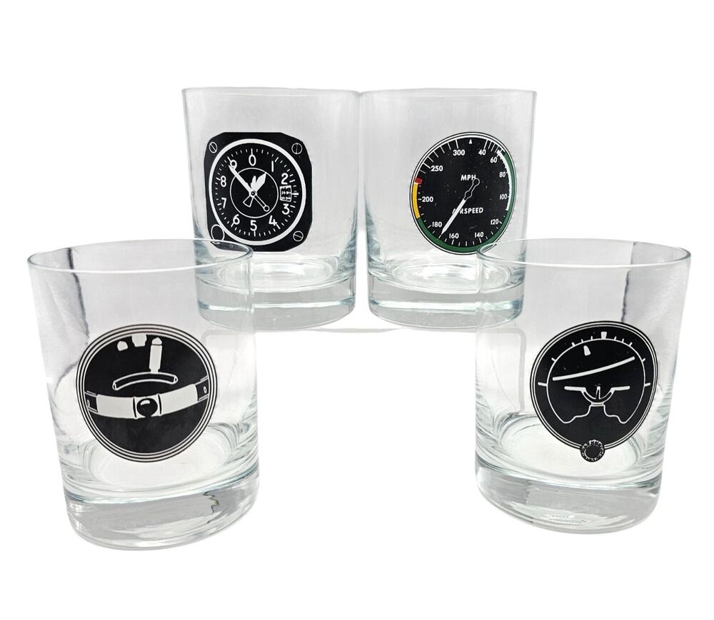 Aviation Instrument Panel Rocks Glasses Set 4 Pilot Whiskey Flight Cockpit Gift